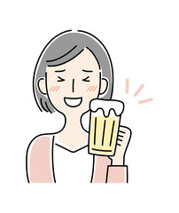 手描き風・ビールを飲む笑顔の女性のベクターイラスト