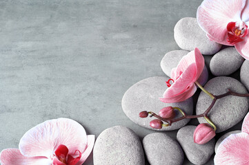 Flat lay composition with spa stones, orchid pink flower on grey background.