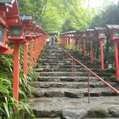 Fototapeta na wymiar marche à monter, marche avec des lanternes, temples japonais