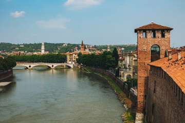 Panoramic cityscape view of Verona old town and Adige river.