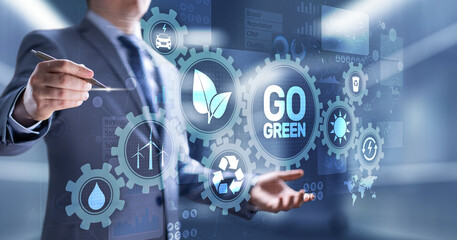 Fototapeta na wymiar GO green eco technology ecology earth planet saving alternative energy. Button on virtual screen.