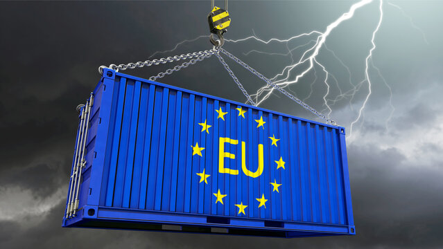 Europ&auml;ische Wirtschaft - Container mit EU Flagge und Gewitter im Hintergrund