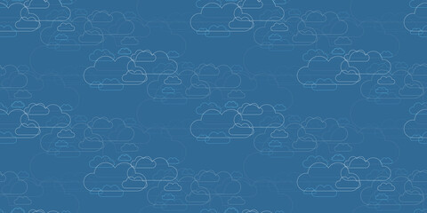Clusters of White Round Overlaying Cloud Silhouettes, Outline Shapes Pattern, Design on Blue Background - Line Art Texture for IT, Web and Technology - Landing Page Template in Editable Vector Format