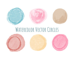 Watercolor circle blots and stain set. Hand drawn watercolour splash frame collection on paper texture. Vintage templates pastel color. Vector illustration isolated on white background