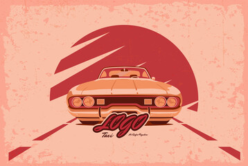 retro car for the business card of the taxi company in red and orange