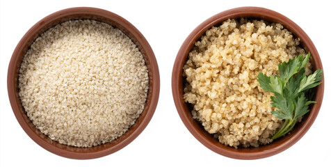 quinoa in bowl isolated on white background, top view, Healthy diet product
