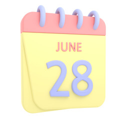 28th June 3D calendar icon. Web style. High resolution image. White background