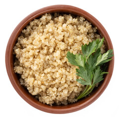 Boiled quinoa in bowl isolated on white background, top view, healthy food