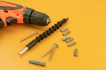 Metal screwdriver bits, background with place for text