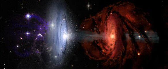 The struggle of opposites, two galaxies black holes hot and cold, red and blue in space. Elements of this image furnished by NASA.