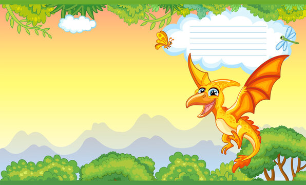 Cover for notebook with cute dinosaur yellow pterodactyl vector