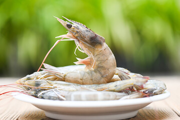 raw shrimp on white plate for cooking with nature green background , close up fresh shrimps or...