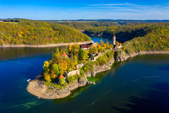 Aerial view of Zvikov castle, Czechia. Zvikov castle at the junction of the Vltava and Otava rivers, South Bohemian Region. Zvikov Castle in south of Bohemia in Czech Republic.