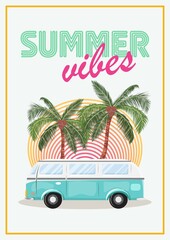 Summer road trip illustration. Cartoon style illustration with a van and palms on the background for lifestyle design. 