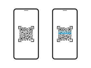 Fototapeta na wymiar Smartphone with scan QR code set. Realistic black phone scanning qr code. Vector isolated on white.