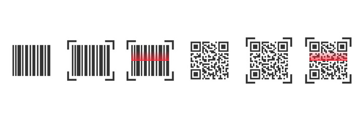 QR code and Bar code labels set. Smartphone scanning symbols collection. Vector isolated on white.