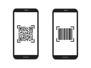 Smartphone with scan QR code and barcode set. Realistic black phone scanning bar code. Vector isolated on white.