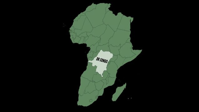 Map showing DR Congo From above zooming in. DR Congo map location on Africa map,  borders of DR Congo 