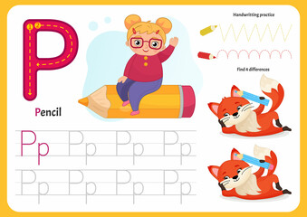 Handwriting practice sheet. Basic writing. Educational game for children. Worksheet for learning alphabet. Letter P. Illustration of cute girl sits on a big pencil.