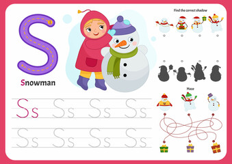 Handwriting practice sheet. Basic writing. Educational game for children. Worksheet for learning alphabet. Letter S. Illustration of cute girl with snowman.
