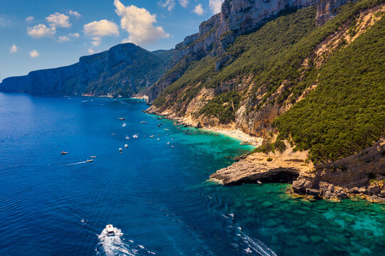 Cala Mariolu view from above. Cala Mariolu famous beach. Italy Sardinia Nuoro province National Park of the Bay of Orosei and Gennargentu Cala Mariolu listed as World Heritage. Sardinia, Italy.