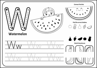 Handwriting practice outline sheet. Basic writing. Educational game for children. Worksheet for learning alphabet. Letter W. Illustration of a cute boy hid behind a large piece of watermelon.
