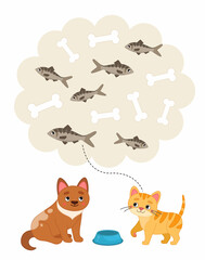 Sorting children educational game. Activity for presсhool years kids and toddlers. Feed the cat with fish, feed the dog with bones.
