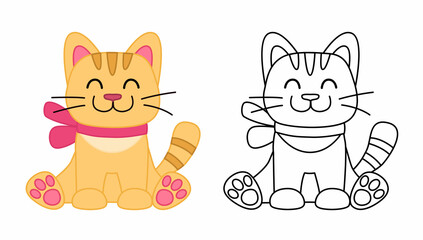 Coloring book for children. Cartoon illustration of a toy for children fluffy cat with a bow around his neck.

