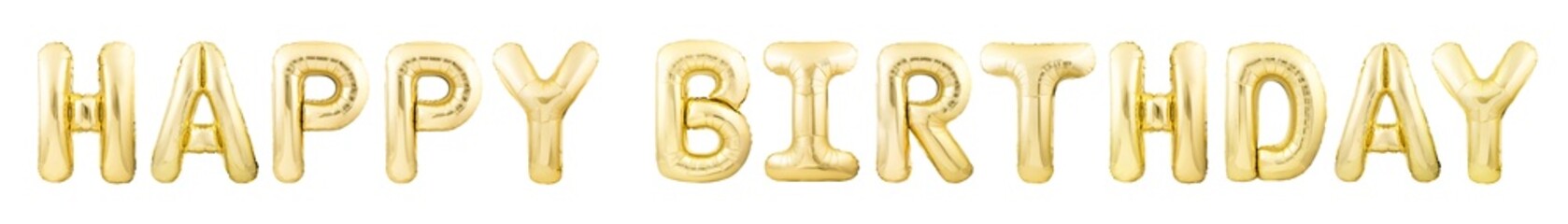 Words HAPPY BIRTHDAY made of golden inflatable balloons isolated on white background. Happy...