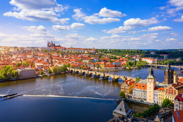 Scenic view of the Old Town pier architecture and Charles Bridge over Vltava river in Prague, Czech...