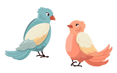 Cartoon birds look at each other. A couple of cute birds. Vector illustration in delicate colors on a white background. Clipart for print and design.