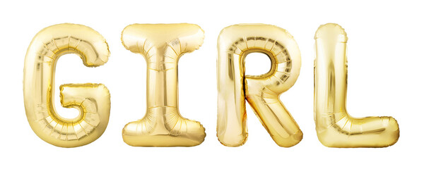 Word GIRL made of golden inflatable balloon letters isolated on white background. Girl baby shower decoration ballons