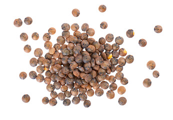 French lentils isolated on white background. Dry puy lentil grains pile. Top view.