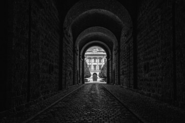 Obraz premium Dark gate is tunnel located near Esztergom basilica in Hungary