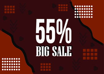 55% off big sale. Banner 55% percent discount on a dark background with white details abstracts.