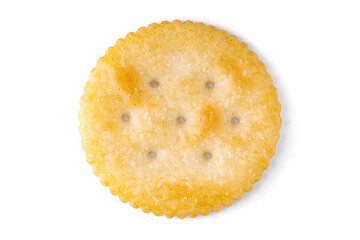 Top view of single round buttery cracker with 7 holes and salt Isolated on white background Macro...