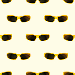 Bright colorful sunglasses repeat seamless pattern on yellow background for wrapping paper.