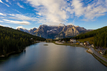 Tre Cime di Lavaredo peaks seen from Misurina lake in Dolomites, Italy in winter, Belluno-Trentino Alto Adige border. Misurina lake, Tre Cime di Lavaredo, Auronzo, Dolomiti, South Tyrol, Italy.