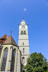 Fototapeta premium Überlingen, Münster, St. Nikolaus, Kirche, Kirchturm, Münsterplatz, Luziengasse, Altstadt, Altstadthäuser, Bodensee, Sommer, Baden-Württemberg, Deutschland