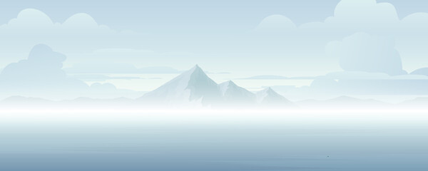 Vector image of a mountain island. Mountains with rivers and forests in the morning.