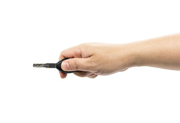 A man's hand holding a key isolated on a white background