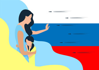 Stop Russian aggression. A loving mother hugs and protects her child and resists Russian aggression with a stop gesture. Stop the war. Help to Ukraine.
