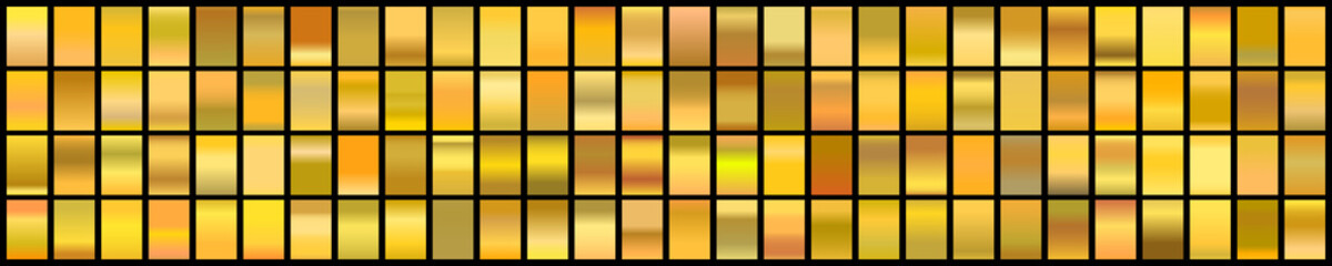 Metalic gradient collection with shiny gold hologram. Holographic foil texture, gold rose, brown and golden gradation. Vector set for frame, ribbon, border, other design