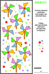 Obraz premium Visual puzzle - find two identical pinwheels (as objects, not pictures). Answer included. 