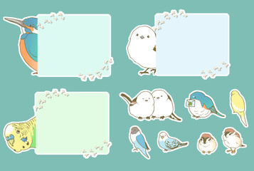 手描き線画の鳥のフレームとアイコンセット