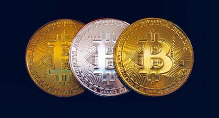 Bitcoin cryptocurrency (crypto currency). Silver Bitcoin and golden Bitcoin symbol. Bitcoin (BTC) cryptocurrency.