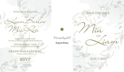 Rustic style wedding invitation with olives in the background