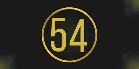 Number 54. Banner with the number fifty four on a black background and gold details with a circle gold in the middle