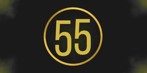 Number 55. Banner with the number fifty five on a black background and gold details with a circle gold in the middle