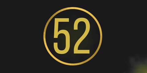 Number 52. Banner with the number fifty two on a black background and gold details with a circle gold in the middle